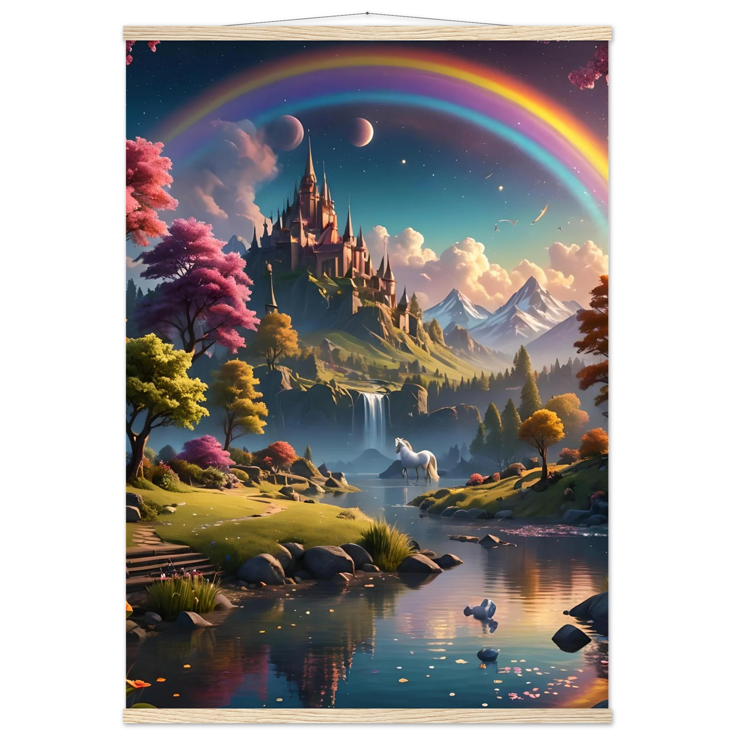 Fantasy castle landscape art for Realm of the Rainbow Crown Hanging Fantasy Poster