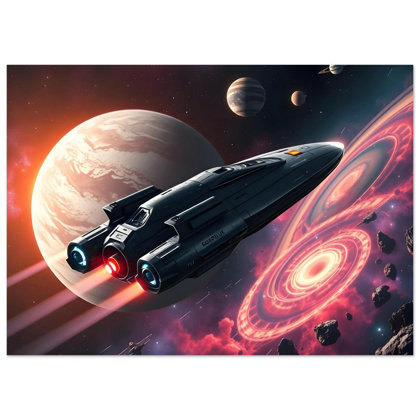 Sleek spaceship with glowing engines in Starship Voyager cosmic Sci-Fi poster by PixiOnyx