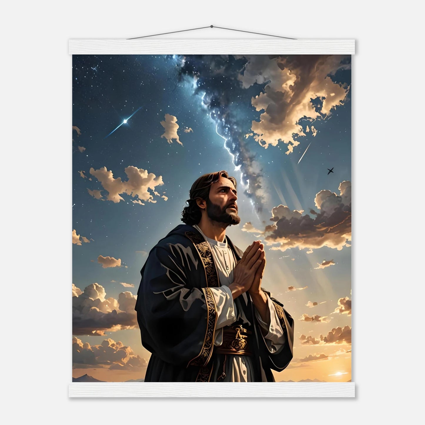 Framed religious wall art poster with hanger titled Prayer to the Cosmos by PixiOnyx