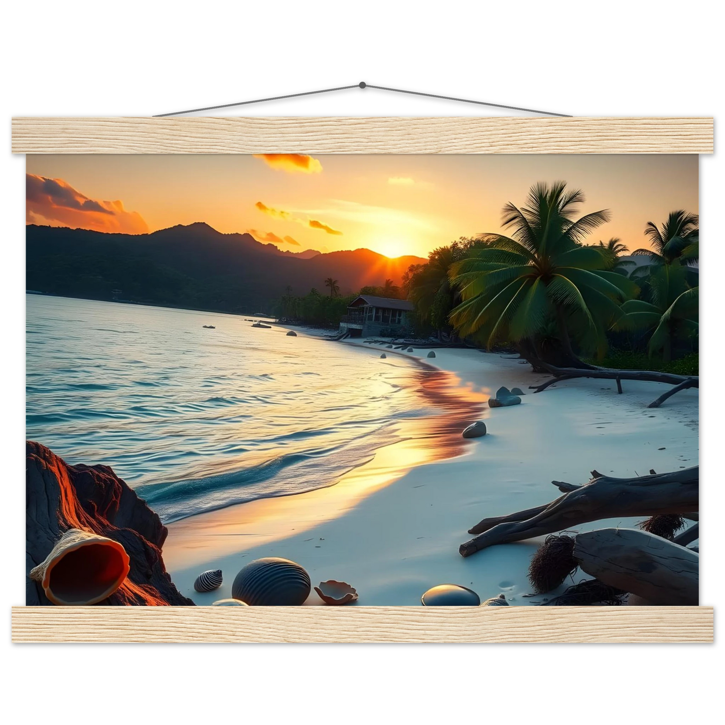 Framed tropical beach sunset scene poster with hanger for beach wall decor