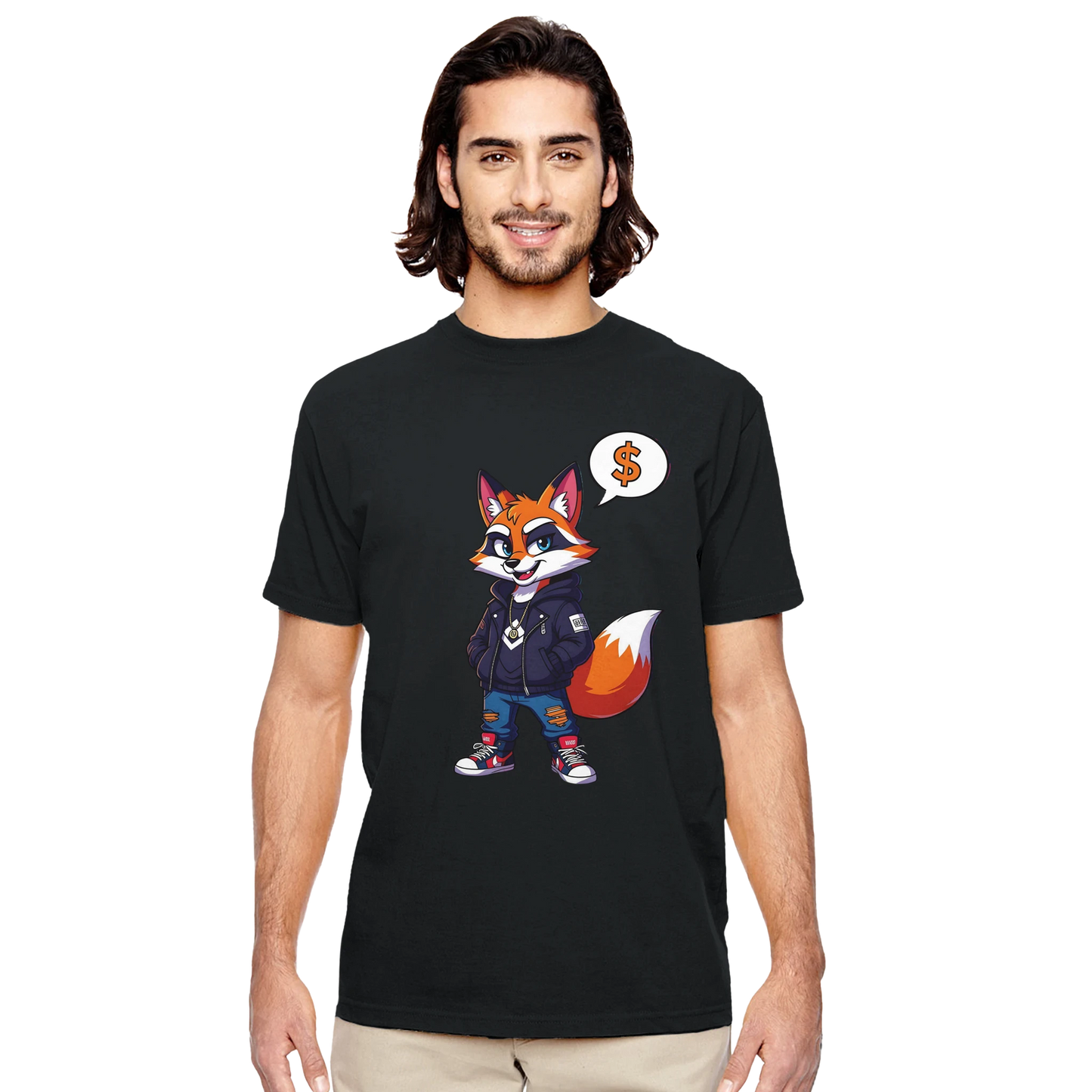 Black unisex T-shirt with cartoon fox design from PixiOnyx Street Style Organic collection