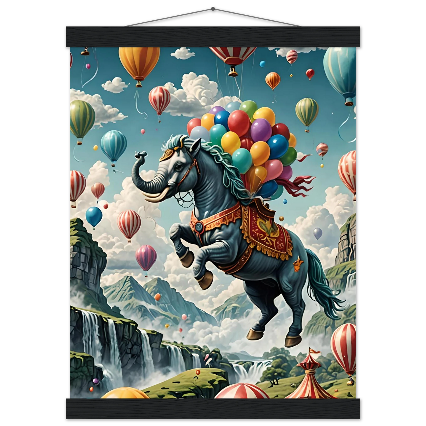 Fantasy elephant-horse hybrid with balloons on Skybound Majesty Premium Matte Paper Poster