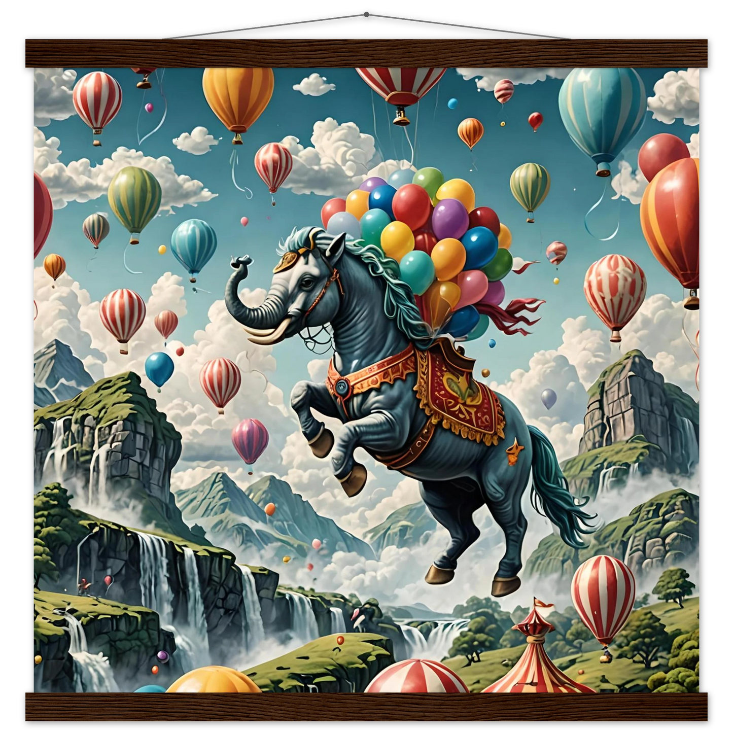 Fantasy elephant-horse hybrid with colorful balloons on Skybound Majesty poster