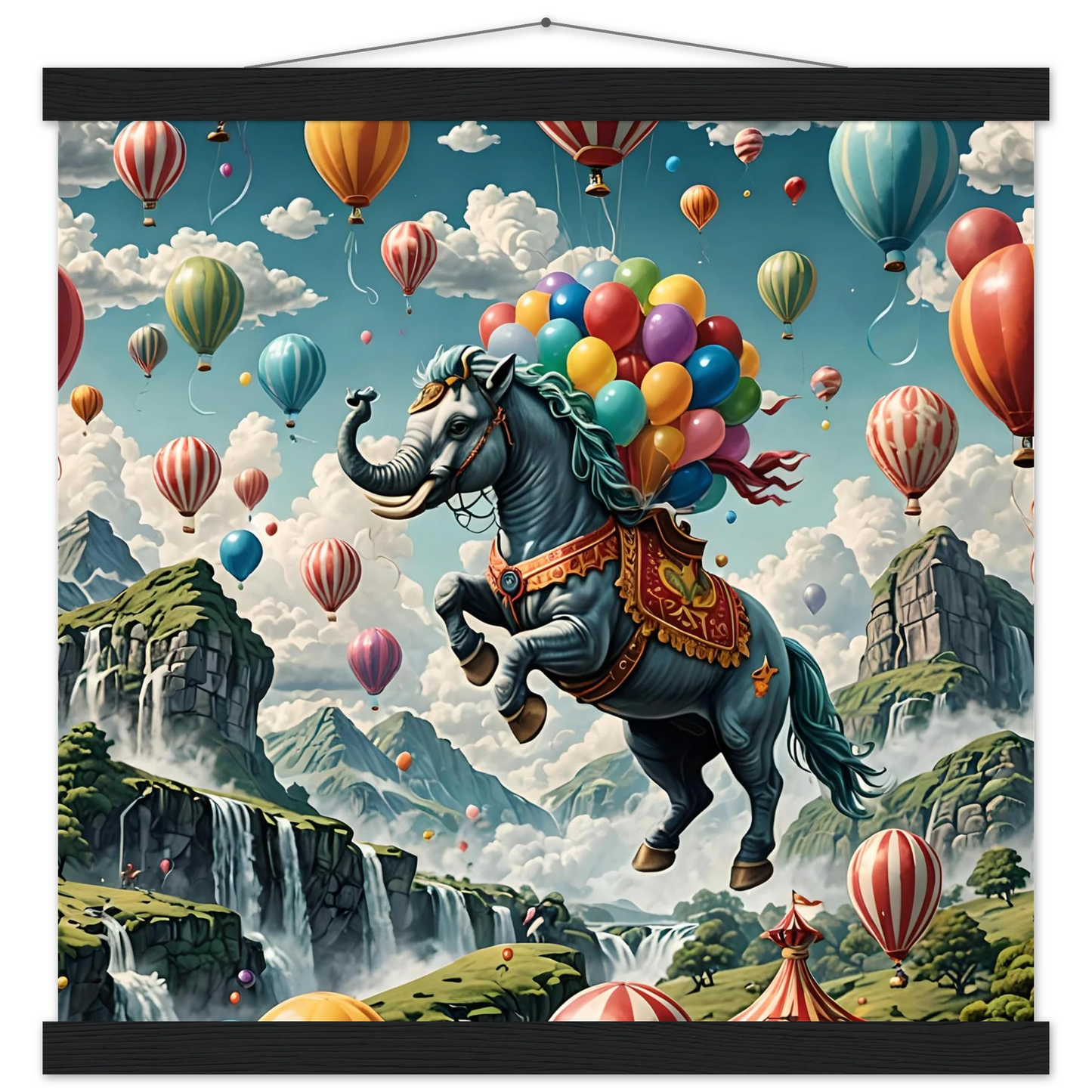 Fantasy elephant-horse hybrid with balloons on Skybound Majesty Premium Matte Poster