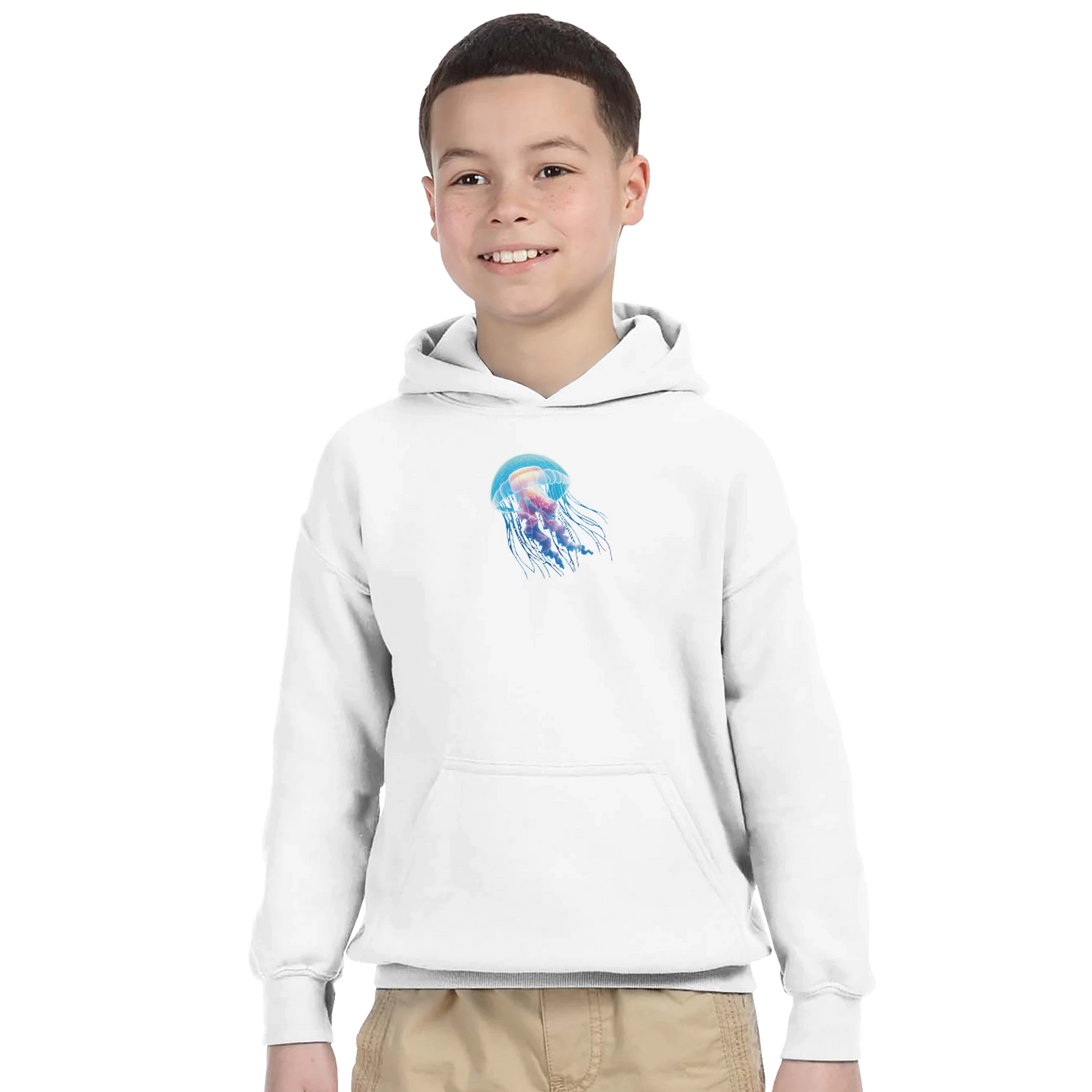 Boy wearing a white jellyfish hoodie from PixiOnyx Ocean Reverie collection
