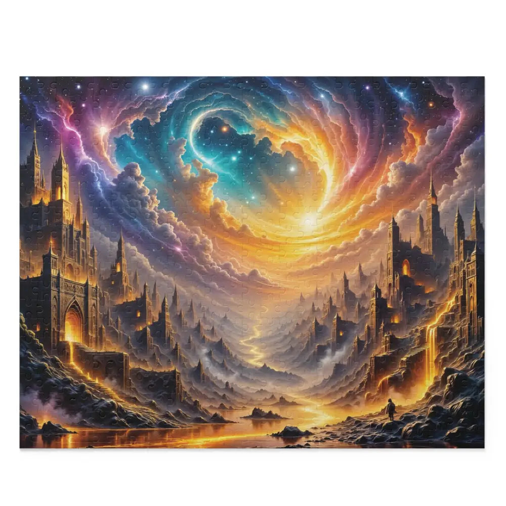 Vibrant fantasy dreamscape puzzle of Eclipsed Citadel under swirling colorful sky