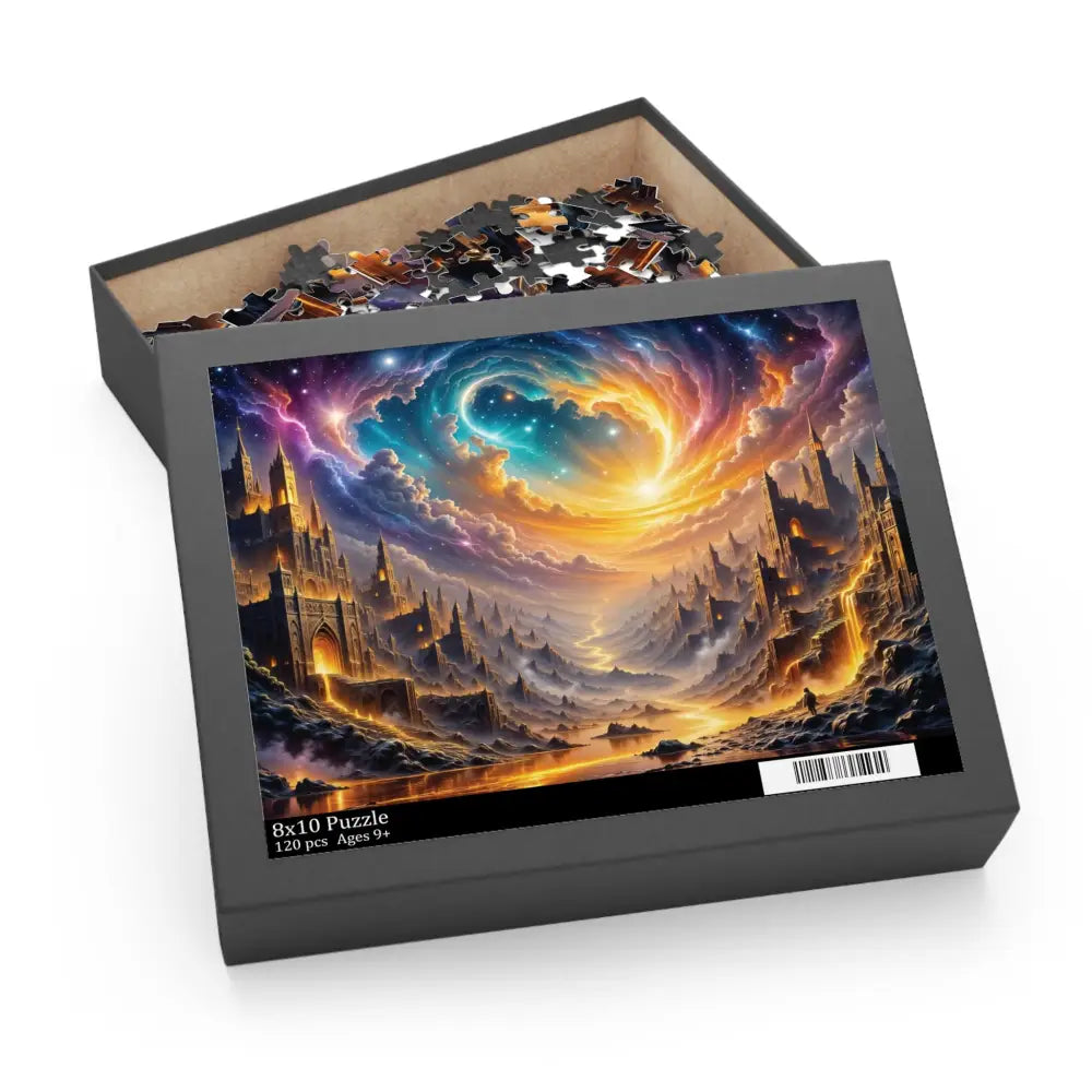 Partially open Eclipsed Citadel Puzzle featuring a fantasy dreamscape cityscape and celestial sky