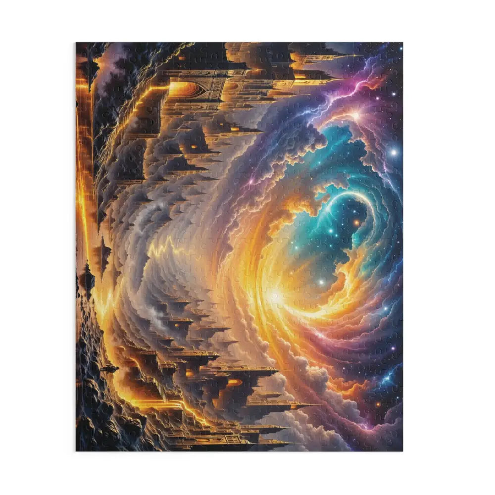 Colorful abstract art print of a cosmic spiral with celestial and architectural elements for Eclipsed Citadel Puzzle fantasy dreamscape