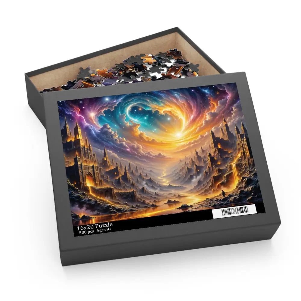 Open Eclipsed Citadel Puzzle box with fantasy dreamscape lid and loose pieces inside
