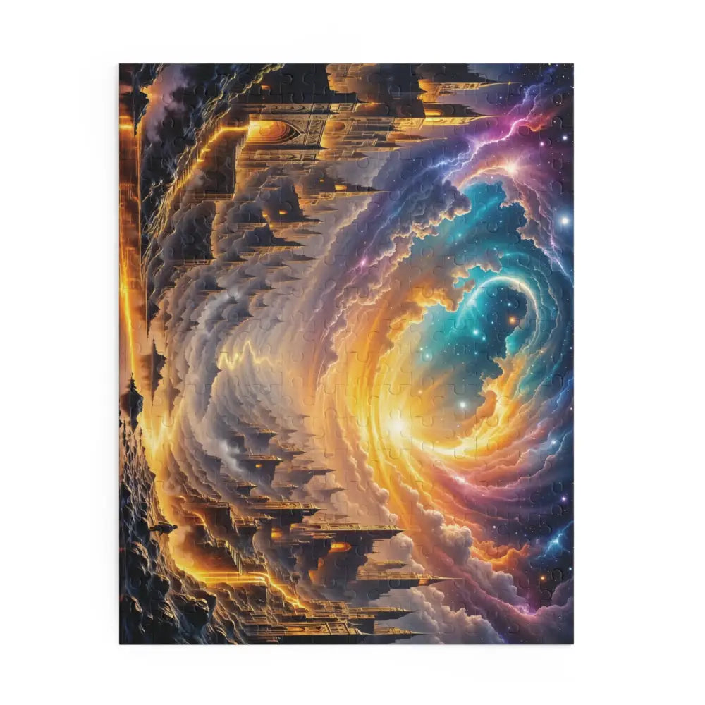 Vibrant fantasy dreamscape jigsaw puzzle featuring an eclipsed citadel and swirling cosmic portal