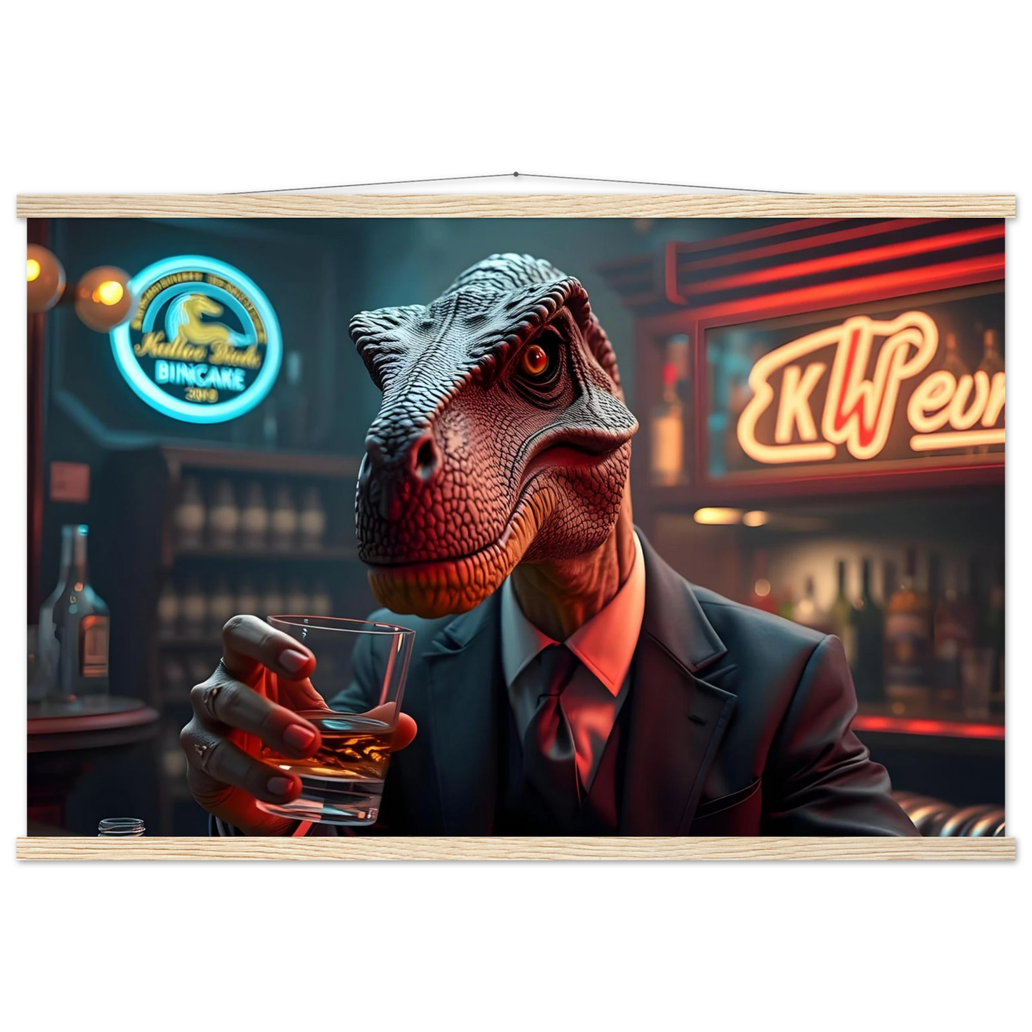 Dinosaur in a suit drinking whiskey on PixiOnyx Hanging Poster for After Hours Instincts