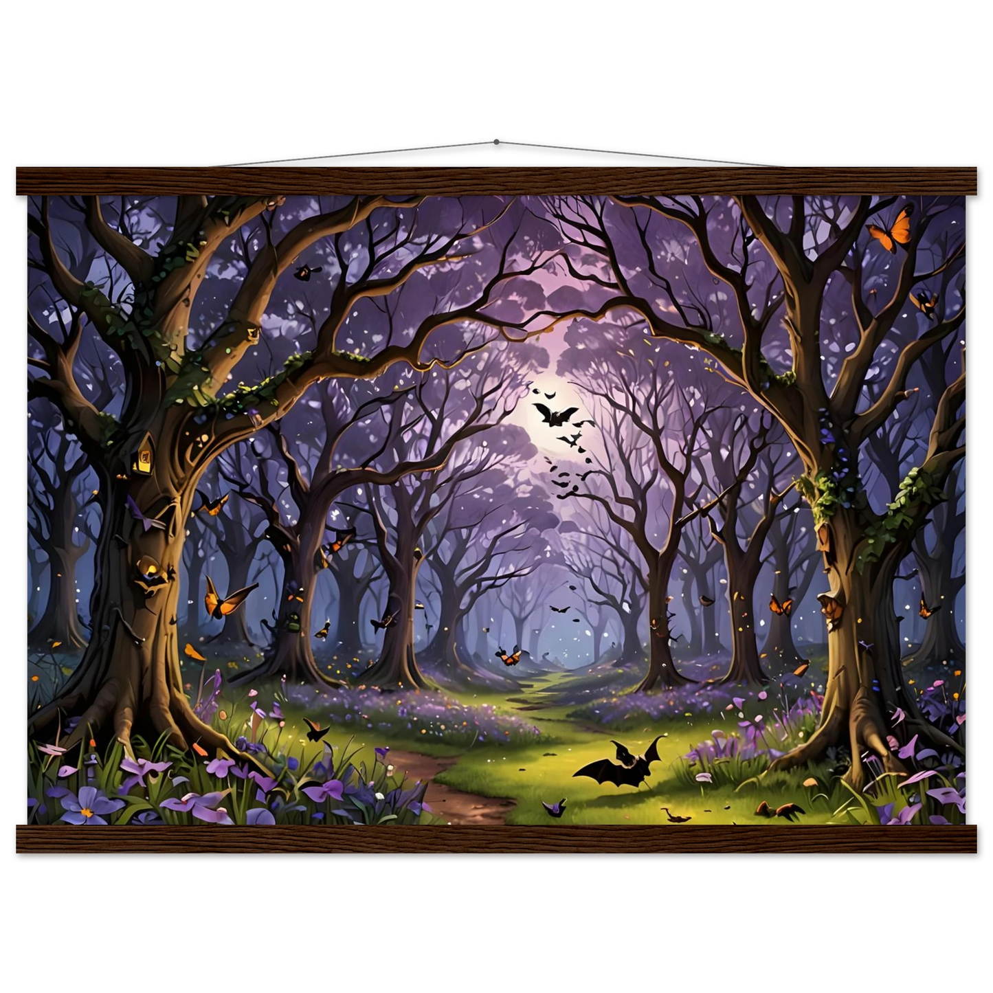 Enchanted forest tapestry displayed on PixiOnyx premium matte poster with hanger