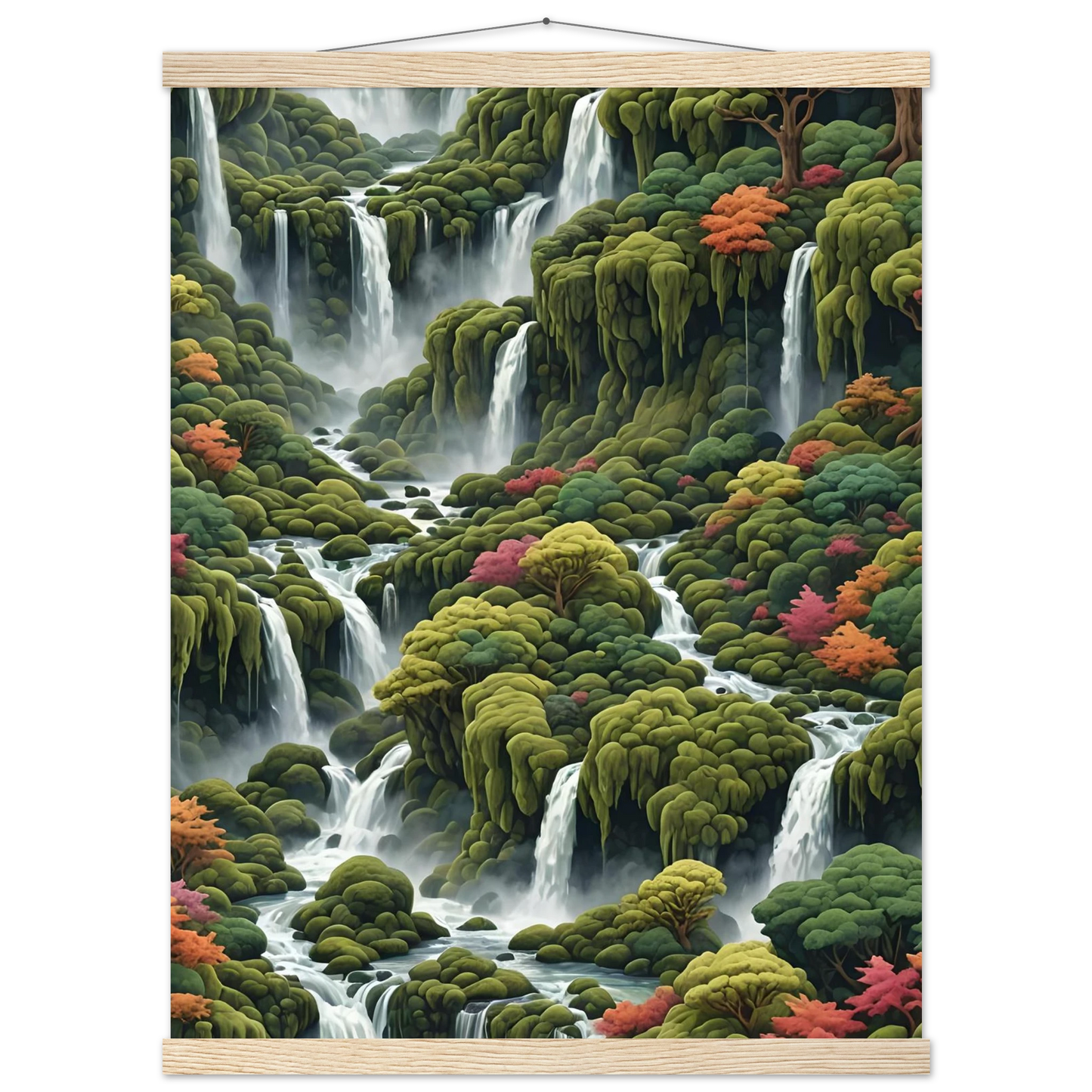 Waterfall landscape wall art poster with hanger for home decor displayed in Moss Cascade product
