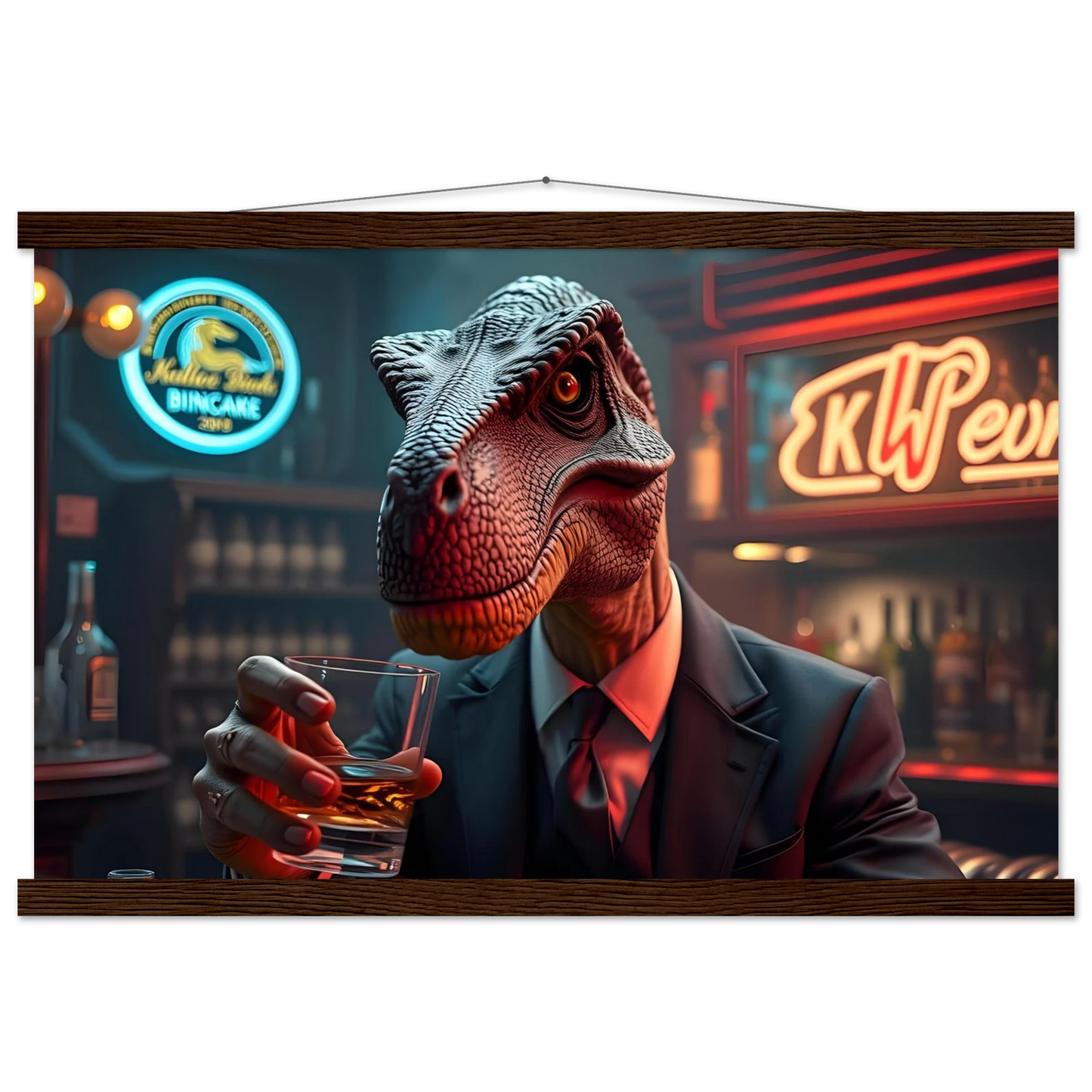 Dinosaur in a suit drinking whiskey on PixiOnyx Hanging Poster Whiskey Raptor after hours