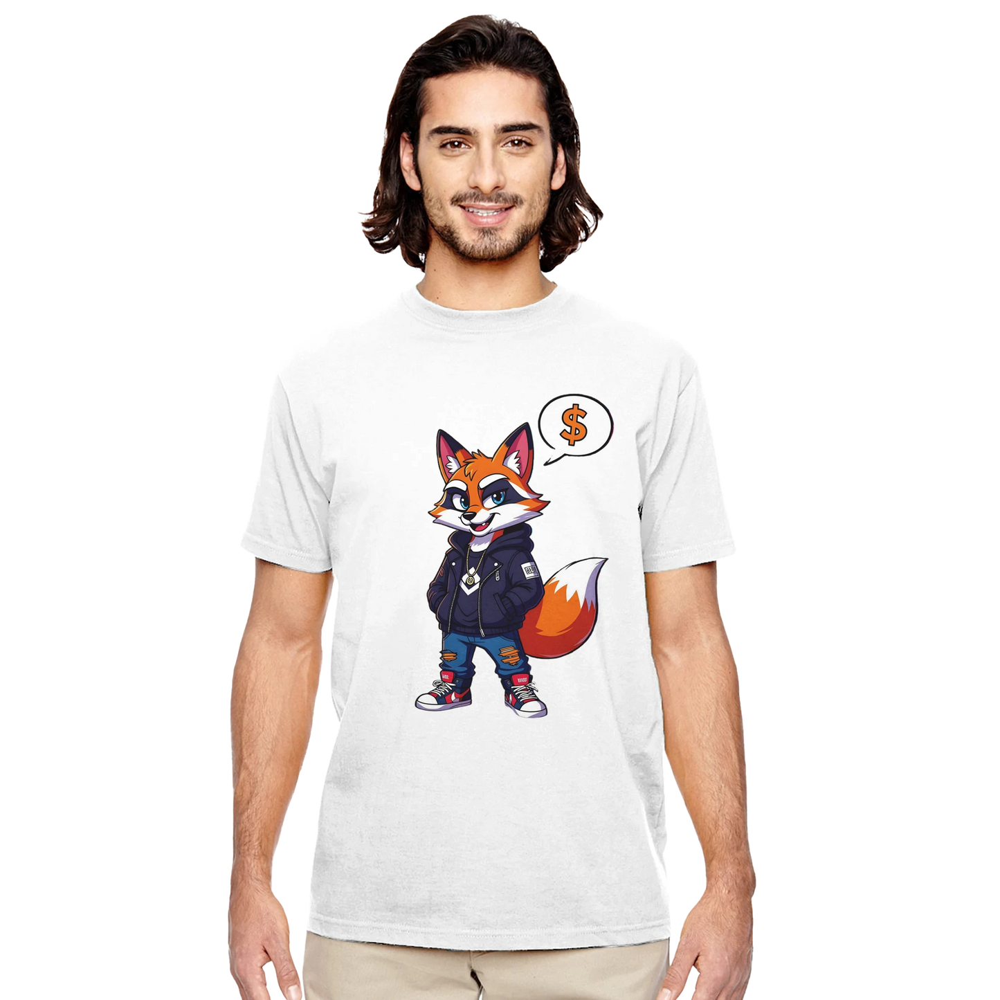 Man wearing Organic Unisex T-shirt with cartoon fox design from PixiOnyx Street Style