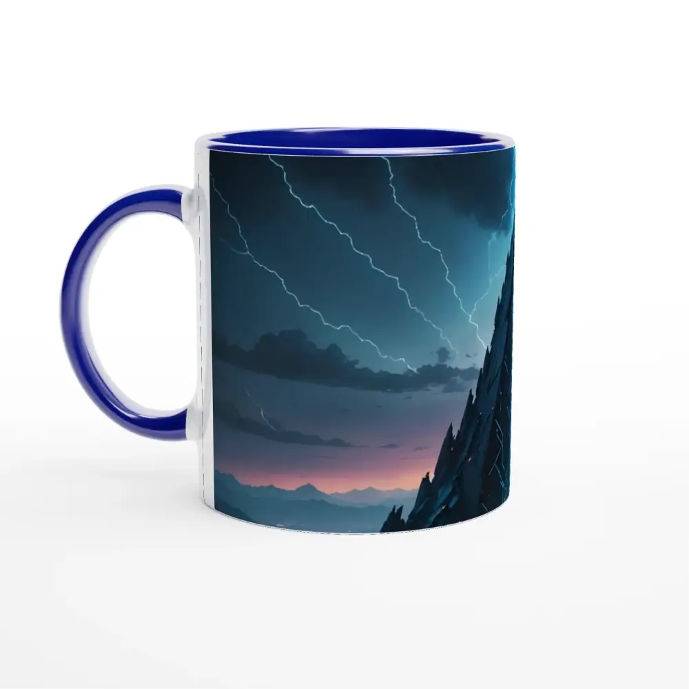 Blue-trimmed Ceramic Mug with Stormy Mountain Scene for Electric Ascension 11oz Product