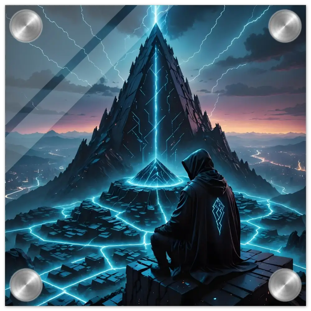Futuristic pyramid with hooded figure on Electric Ascension Acrylic Glass Print
