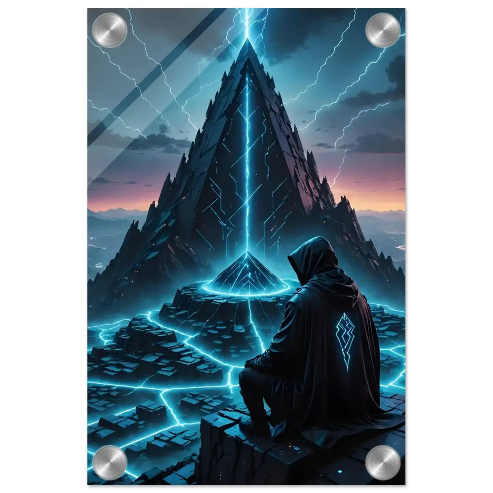 Framed futuristic pyramid landscape displayed on Electric Ascension Acrylic Glass Print