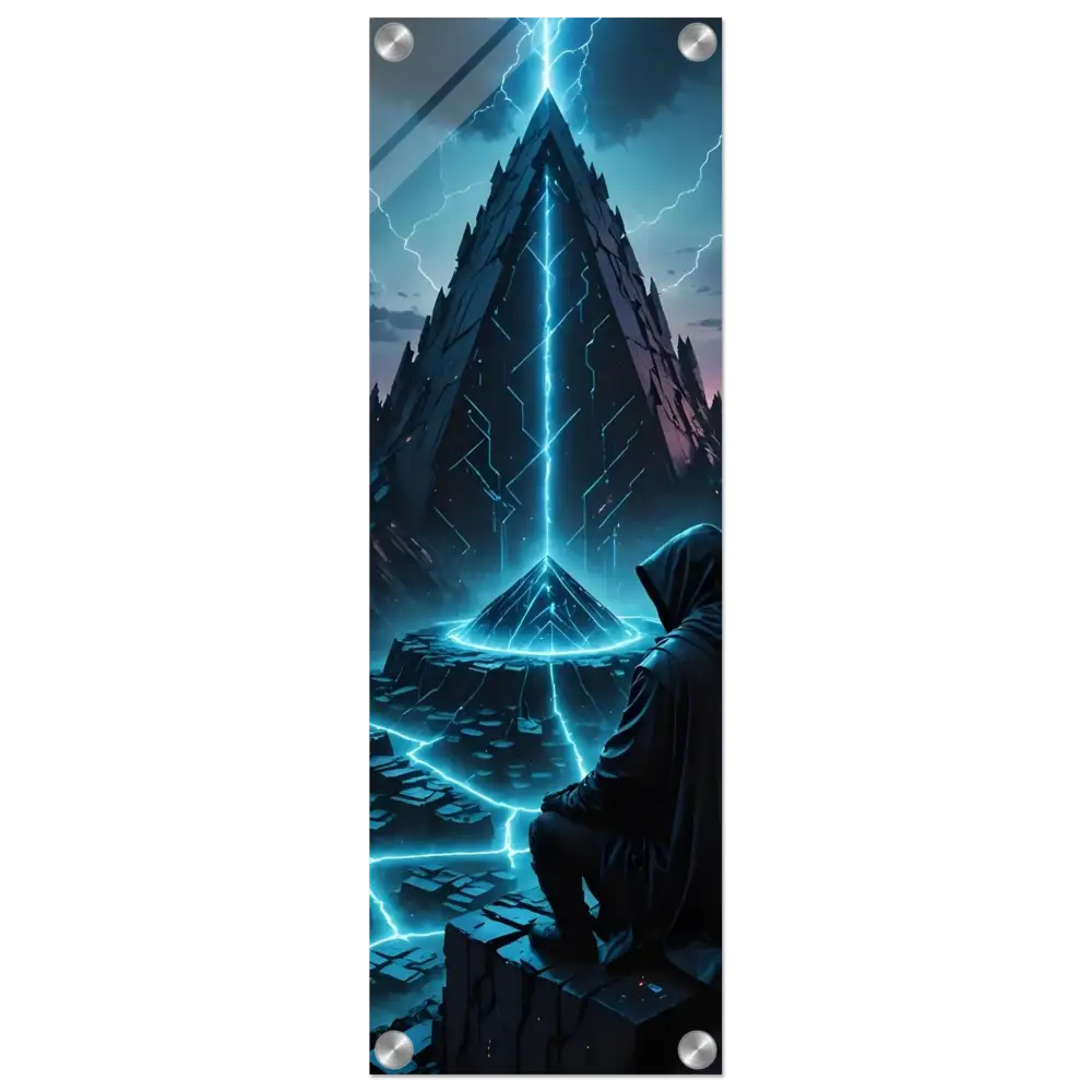 Futuristic pyramid with hooded figure displayed on Electric Ascension Acrylic Glass Print