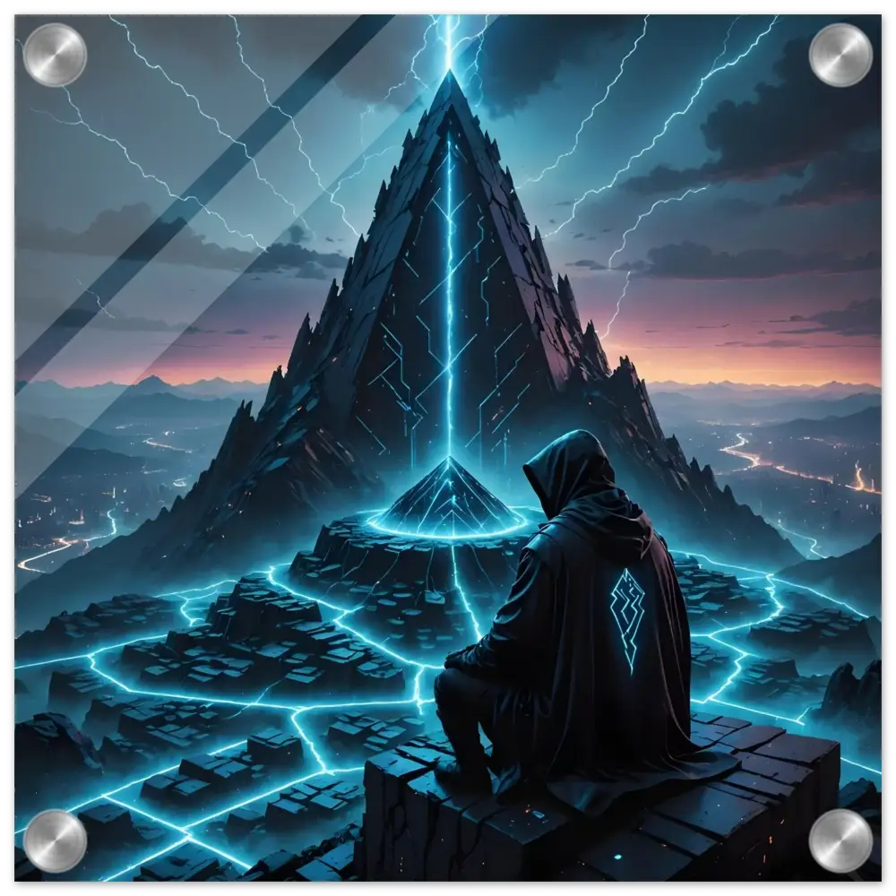 Hooded figure standing before a futuristic pyramid in Electric Ascension Acrylic Glass Print