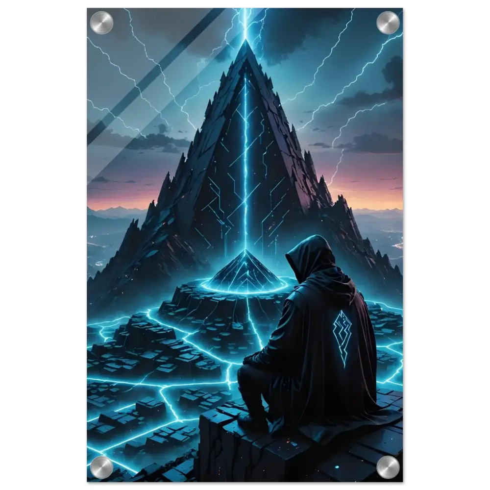 Futuristic pyramid with hooded figure displayed on Electric Ascension acrylic glass print