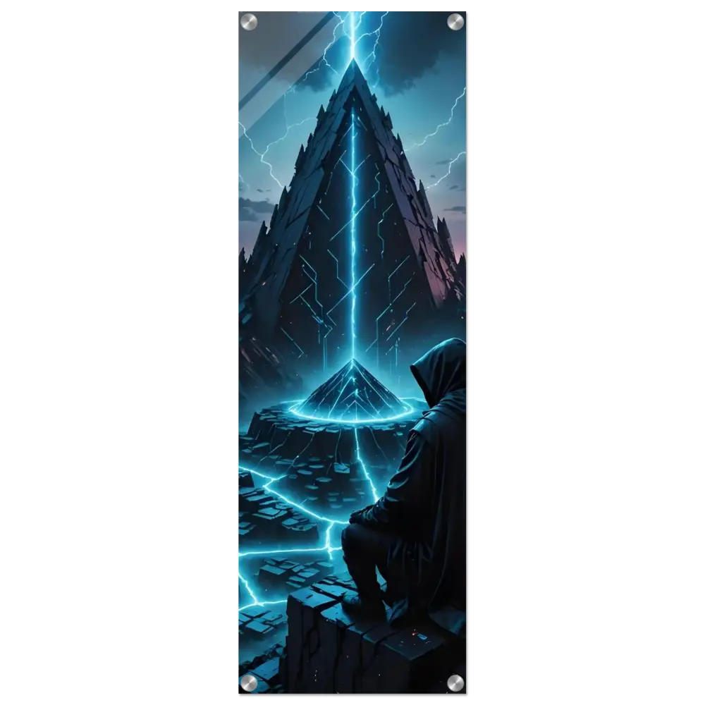 Futuristic pyramid with hooded figure Acrylic Glass Print Electric Ascension decor