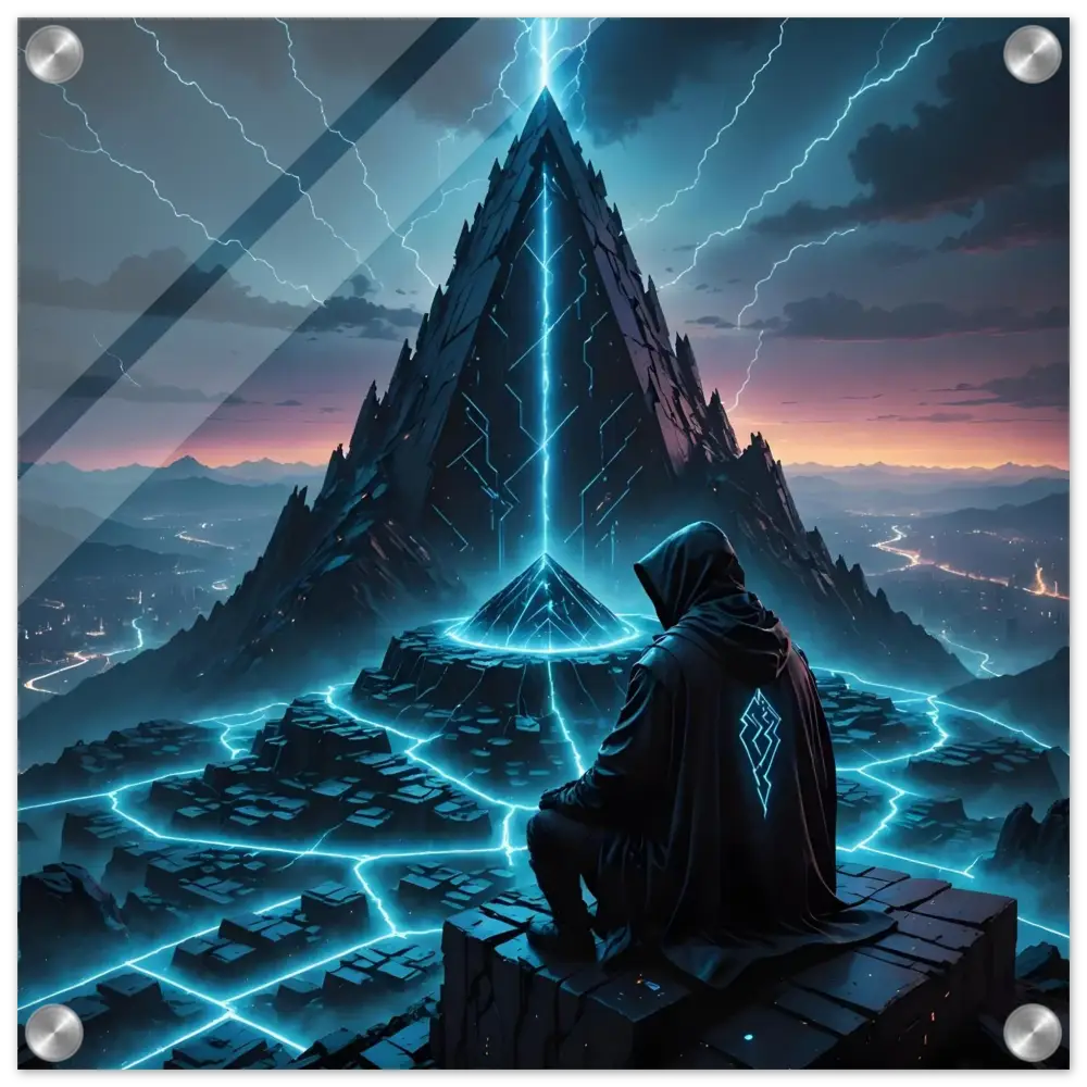 Hooded figure before glowing pyramid acrylic glass print Electric Ascension art piece