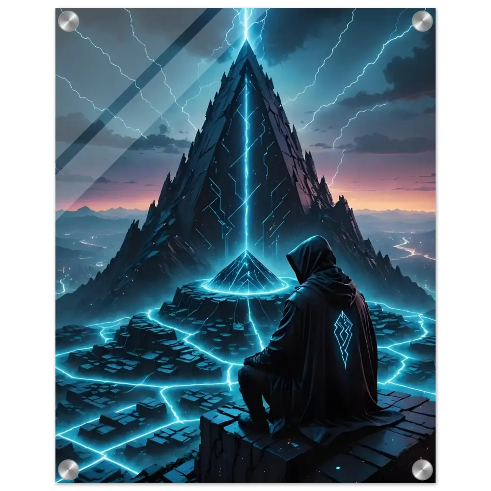Framed futuristic pyramid landscape displayed on Electric Ascension Acrylic Glass Print