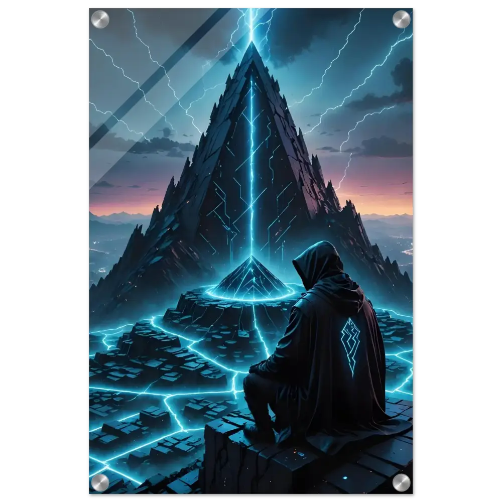 Futuristic pyramid and hooded figure displayed on Electric Ascension Acrylic Glass Print