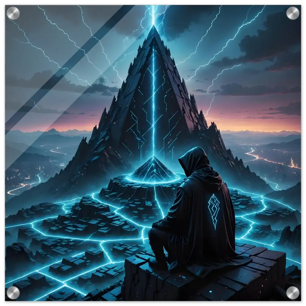 Hooded figure standing before a glowing pyramid in Electric Ascension Acrylic Glass Print