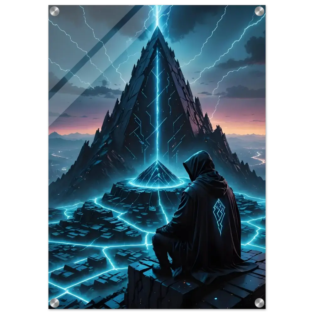 Futuristic hooded figure standing before a glowing pyramid on Electric Ascension Acrylic Glass Print