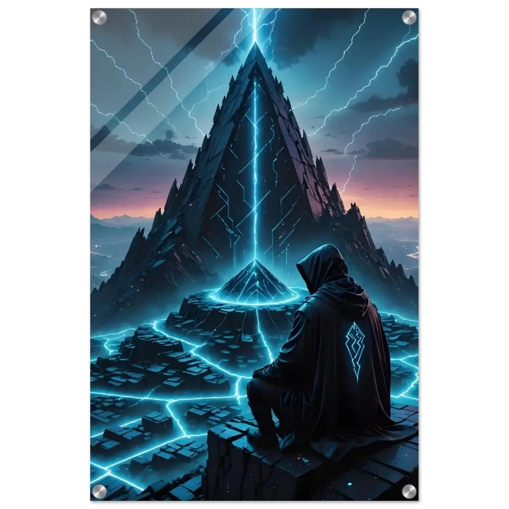 Futuristic pyramid with hooded figure acrylic glass print for Electric Ascension product