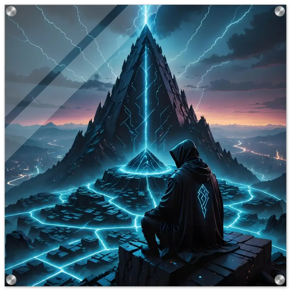 Futuristic pyramid with glowing energy displayed on Electric Ascension Acrylic Glass Print