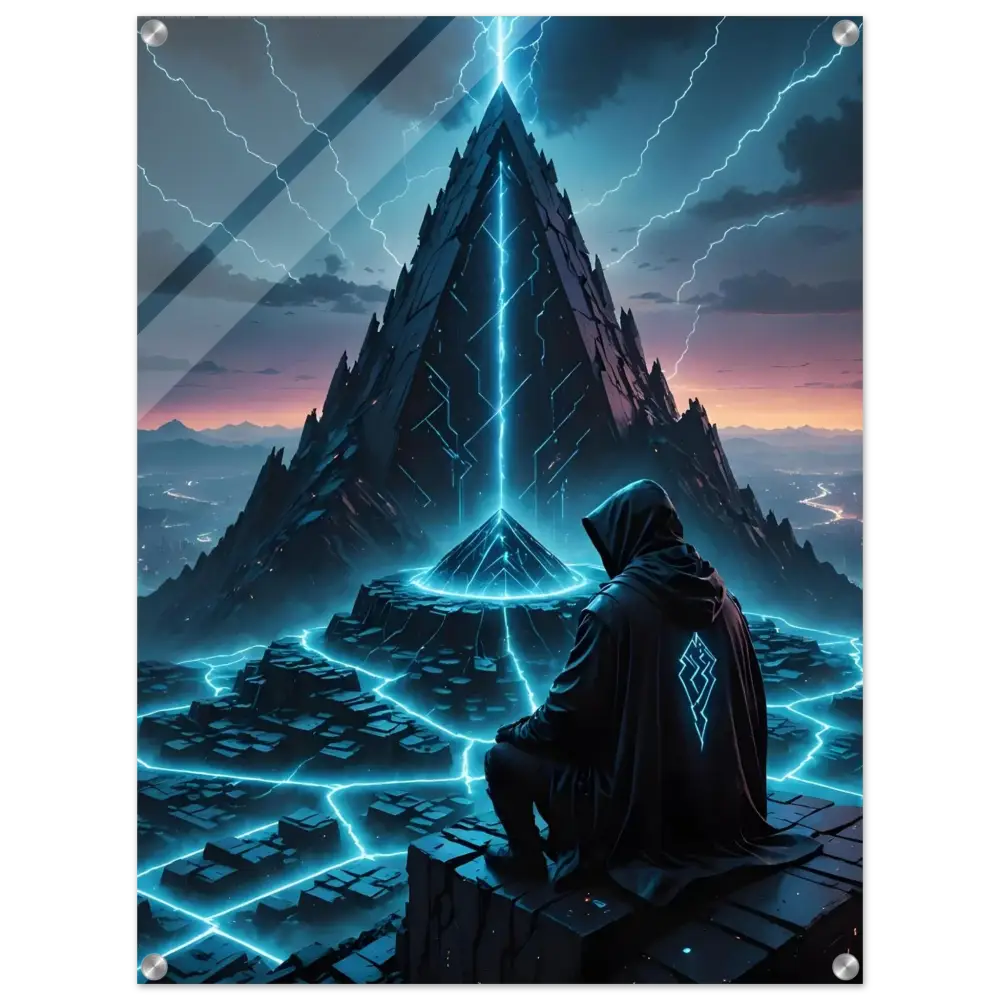 Mystical pyramid with lightning and hooded figure on Electric Ascension Acrylic Glass Print