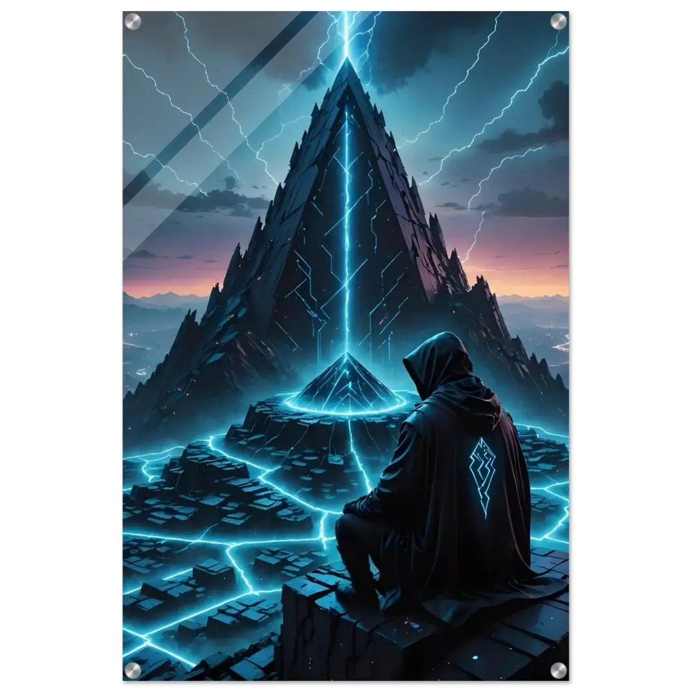 Framed futuristic landscape with hooded figure for Electric Ascension Acrylic Glass Print