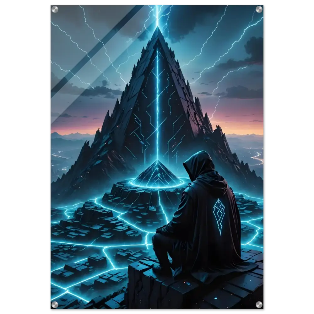 Hooded figure standing before a glowing pyramid in Electric Ascension Acrylic Glass Print