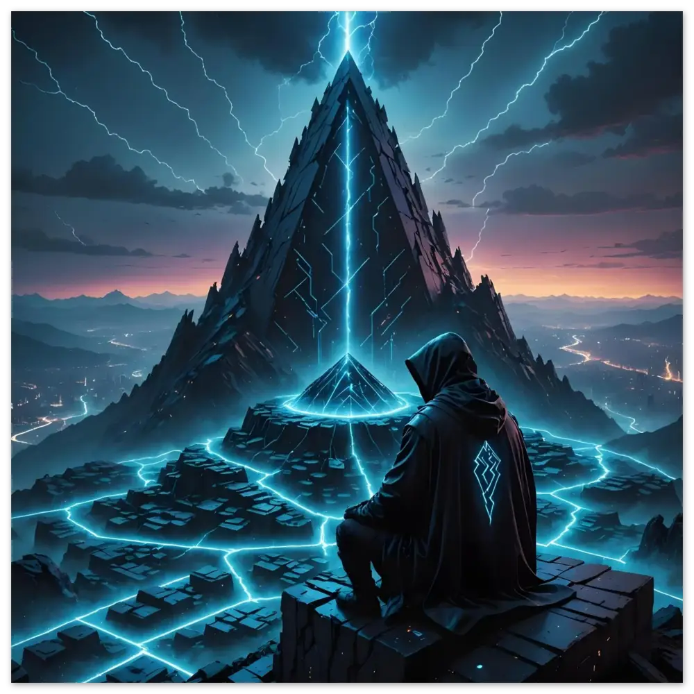 Hooded figure with glowing emblem on Electric Ascension Aluminum Wall Art
