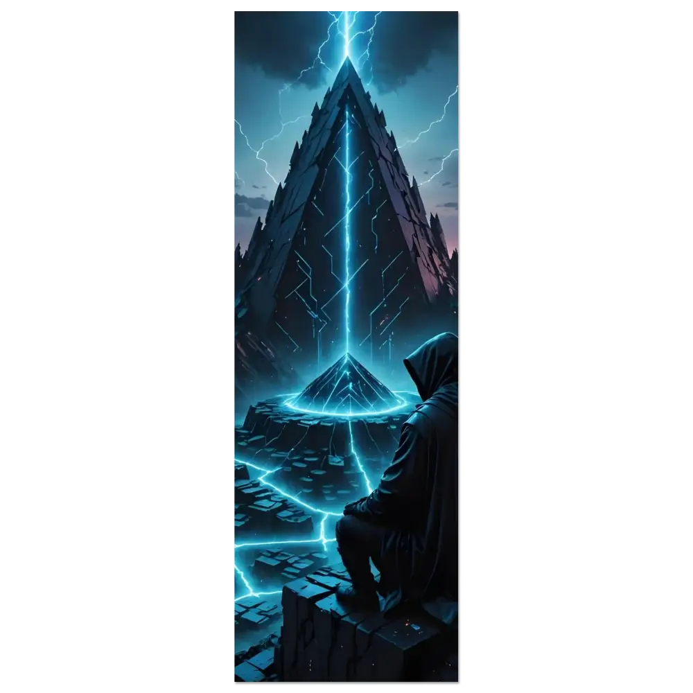 Futuristic pyramid with lightning depicted on Electric Ascension Aluminum Wall Art
