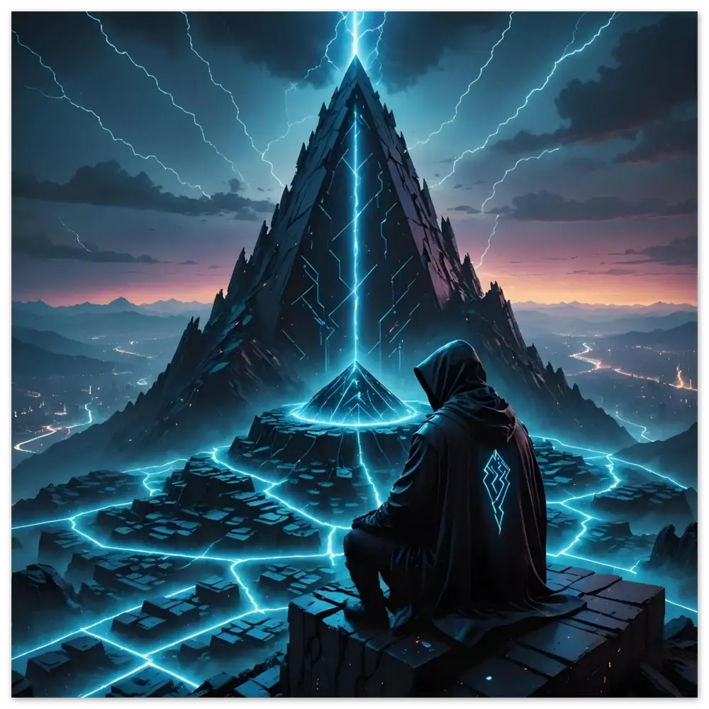 Futuristic pyramid with glowing energy modeled in Electric Ascension Aluminum Wall Art
