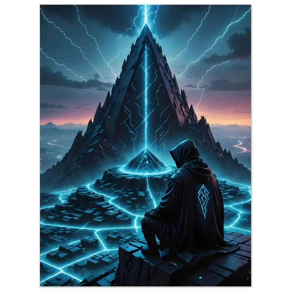 Hooded figure before a glowing pyramid in Electric Ascension Aluminum Wall Art