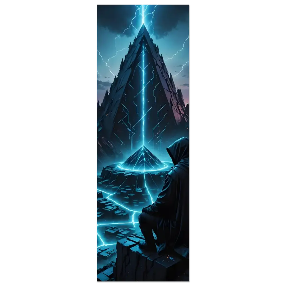 Futuristic pyramid with lightning displayed on Electric Ascension Aluminum Wall Art