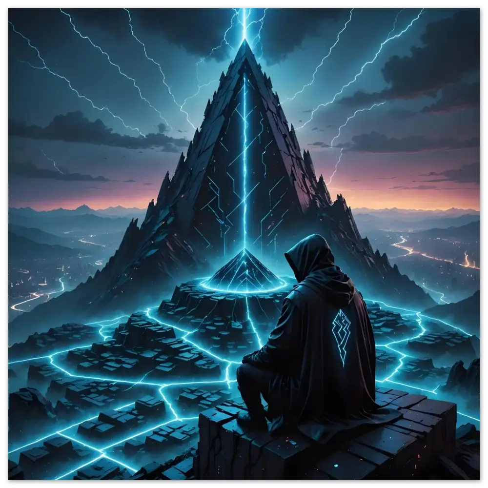 Hooded figure standing before a glowing pyramid for Electric Ascension Aluminum Wall Art