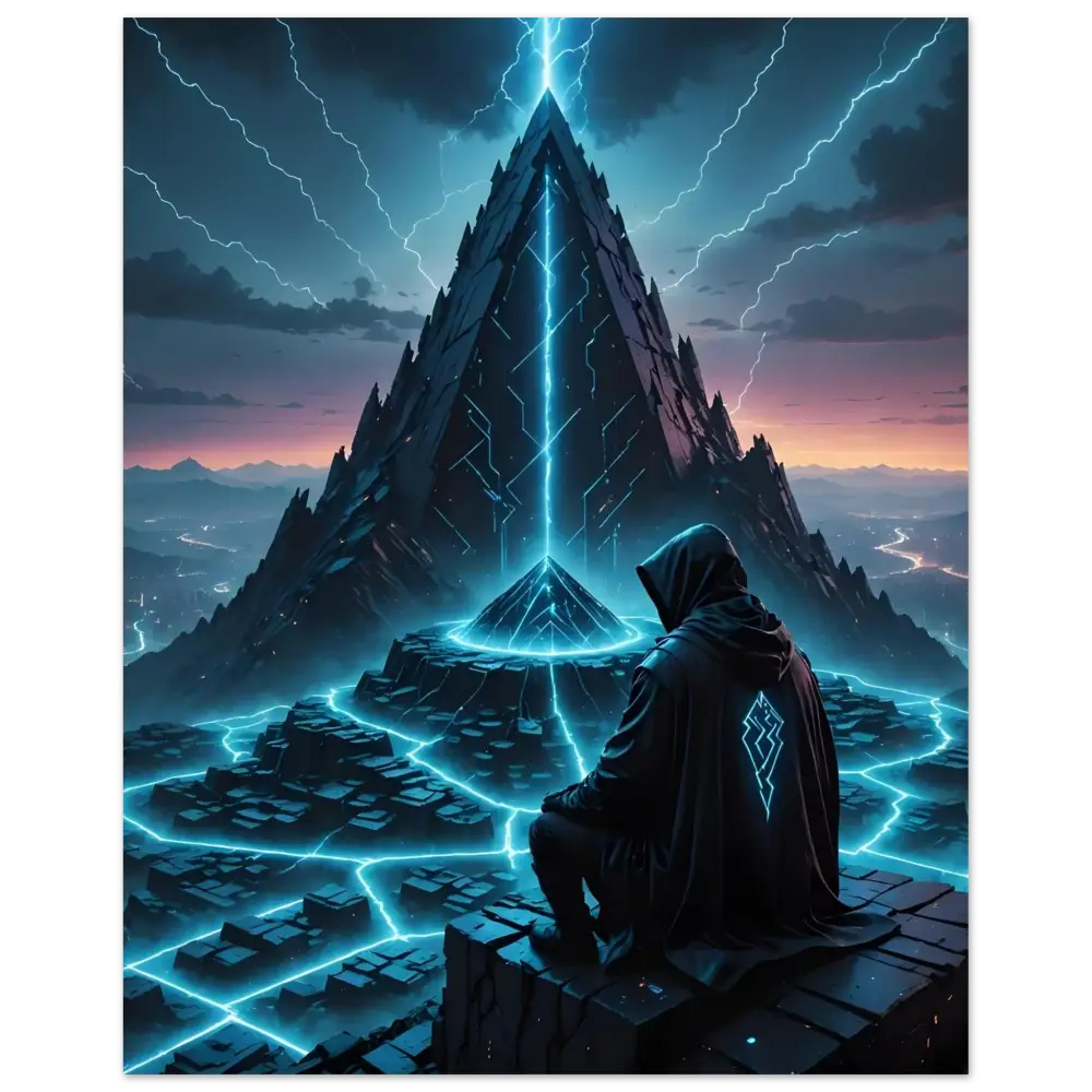 Hooded figure standing before a glowing pyramid on Electric Ascension Aluminum Wall Art