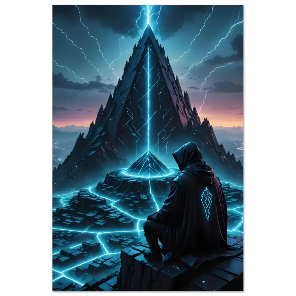 Futuristic pyramid with lightning displayed on Electric Ascension Aluminum Wall Art
