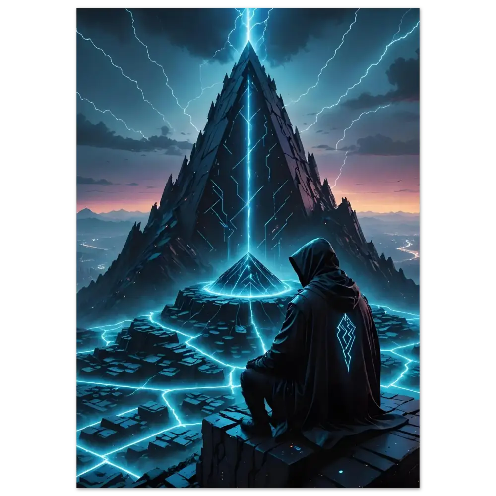 Hooded figure standing before a glowing pyramid in Electric Ascension Aluminum Wall Art