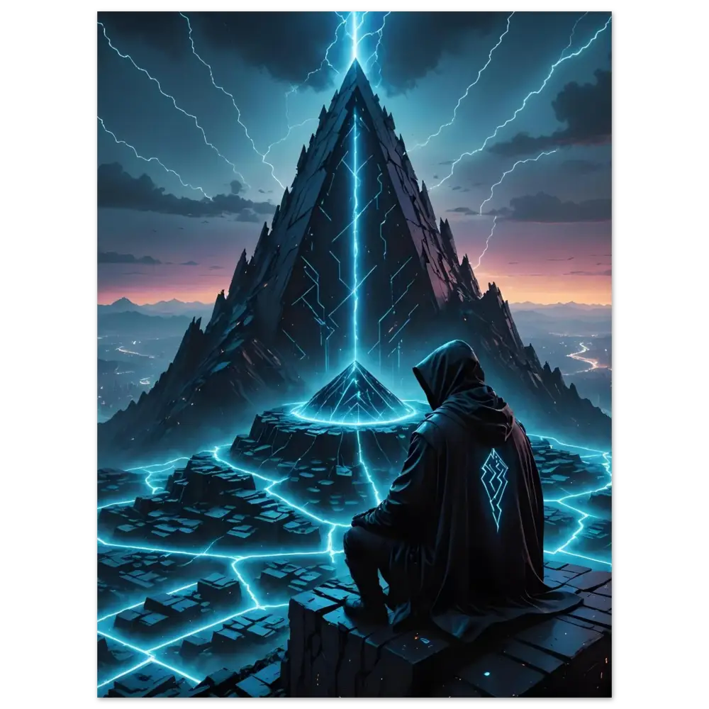 Hooded figure standing before a glowing pyramid on Electric Ascension Aluminum Wall Art