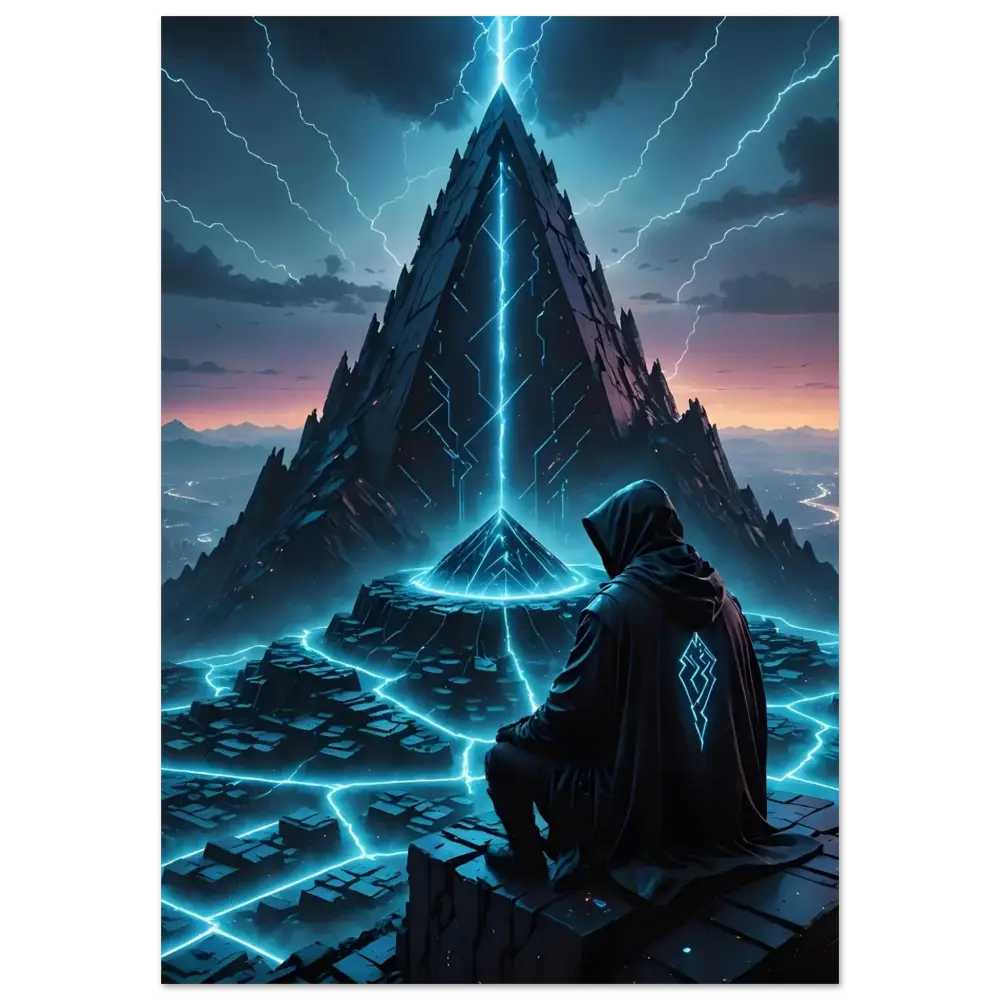 Hooded figure standing before a glowing pyramid in Electric Ascension Aluminum Wall Art