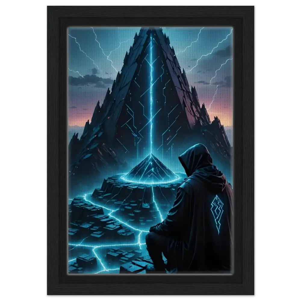 Framed futuristic landscape with hooded figure in Electric Ascension Canvas Edition artwork
