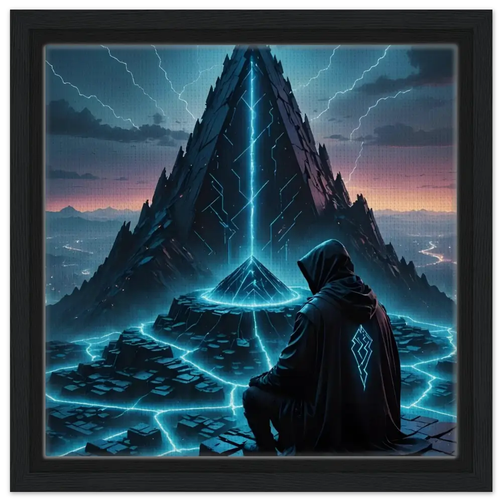 Framed futuristic pyramid landscape artwork from Electric Ascension – Framed Canvas Edition
