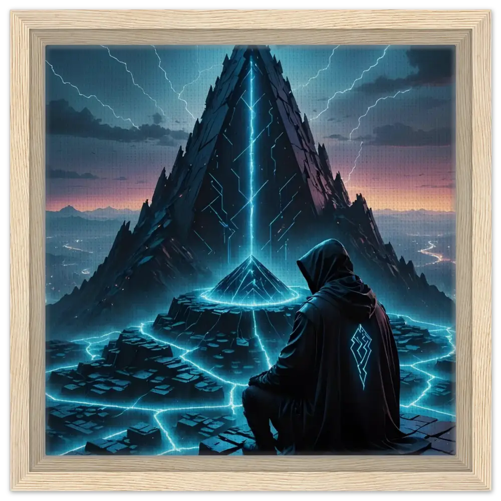 Framed futuristic landscape with hooded figure for Electric Ascension Framed Canvas Edition